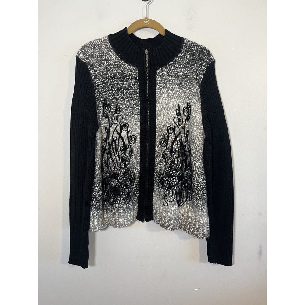 Coldwater Creek Wool Chunky Knit Full Zip Sweater XL Festive Abstract Classic